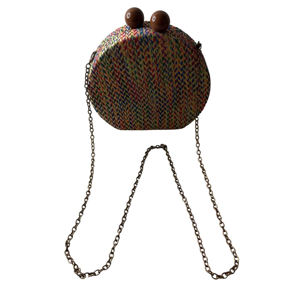 Love Kuza Multi Woven Straw Round Crossbody Bag Rainbow Chevron Kiss Lock Clutch